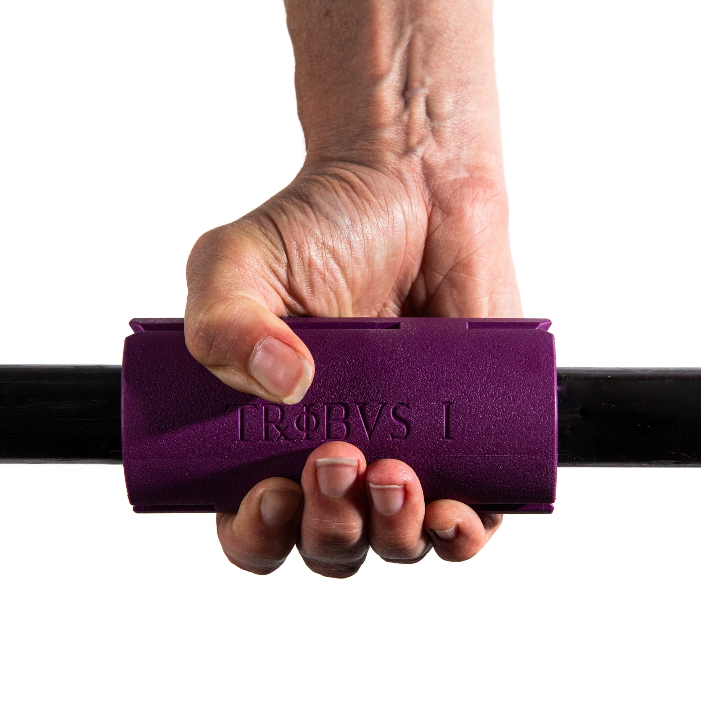 Purple Tribus Thick Grips - Action Shot of a hand holding the Fat Bar on a barbell with White background.
