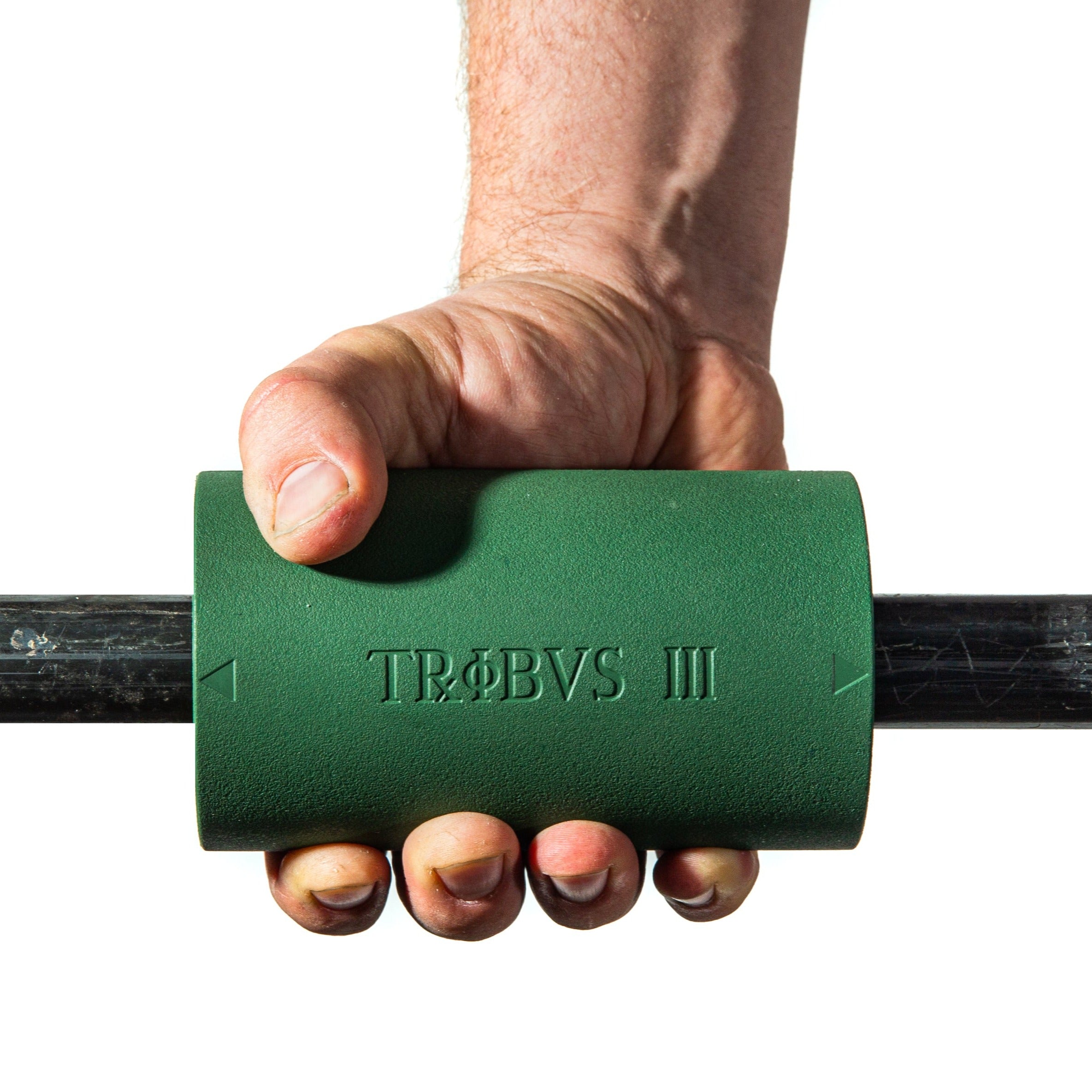Green Tribus Thick Grips 2.87" - Action Shot of a Hand Holding the Fat Bar on a Barbell with White Background.