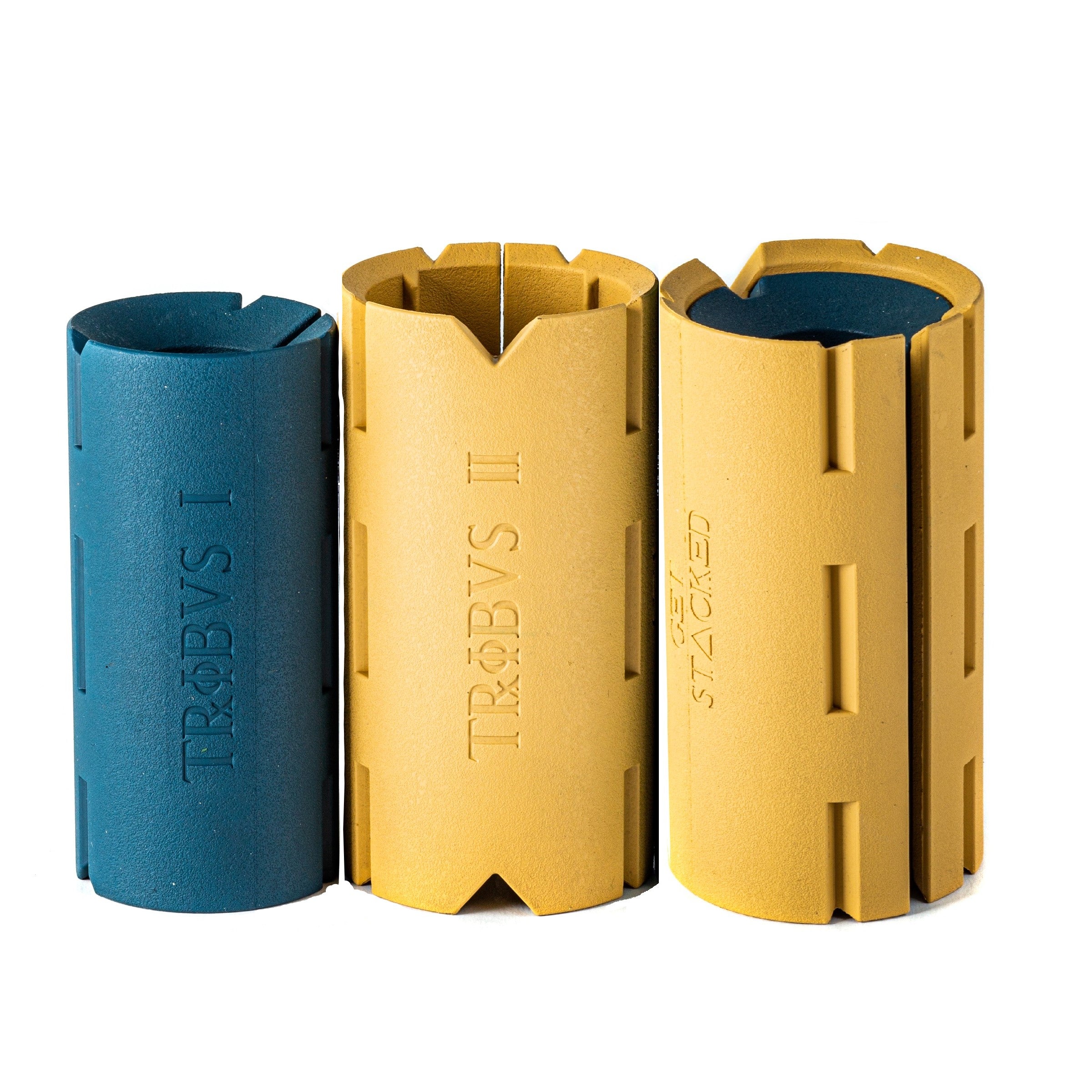 Product picture of an unassembled and assembled pair of Tribus Thick Grips Yellow and Blue 2-in-1 unique layered thick grip system